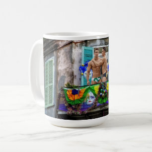 SlipperyJoe's festive Mardi Gras scene two men wea Coffee Mug