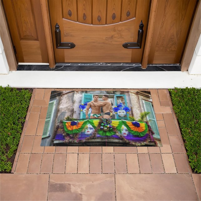 SlipperyJoe's festive Mardi Gras scene two men wea Doormat (Outdoor)