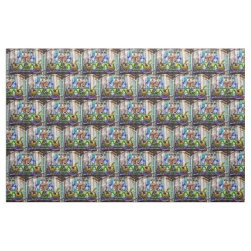 SlipperyJoe's festive Mardi Gras scene two men wea Fabric