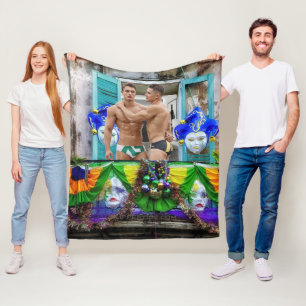 SlipperyJoe's festive Mardi Gras scene two men wea Fleece Blanket