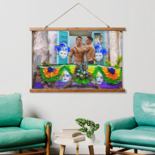 SlipperyJoe's festive Mardi Gras scene two men wea Hanging Tapestry