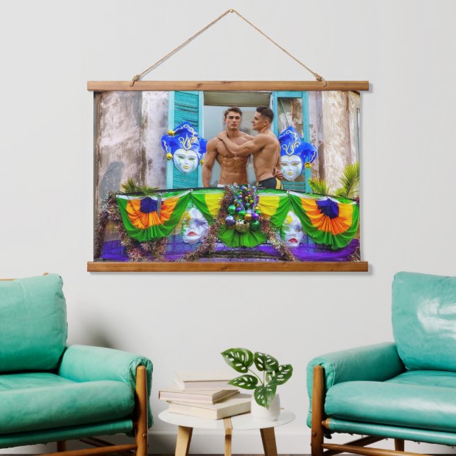 SlipperyJoe's festive Mardi Gras scene two men wea Hanging Tapestry (Living Room)