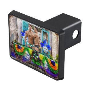 SlipperyJoe's festive Mardi Gras scene two men wea Hitch Cover