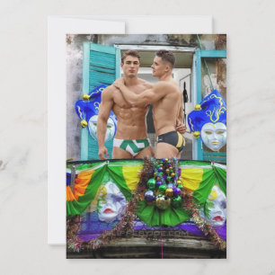 SlipperyJoe's festive Mardi Gras scene two men wea Holiday Card