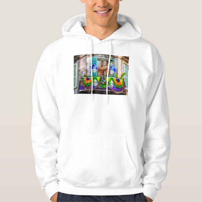 SlipperyJoe's festive Mardi Gras scene two men wea Hoodie (Front)