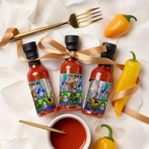 SlipperyJoe's festive Mardi Gras scene two men wea Hot Sauces