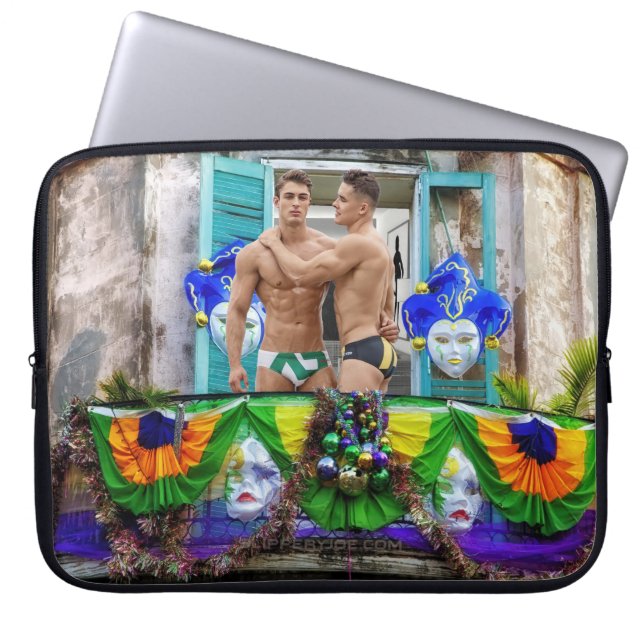 SlipperyJoe's festive Mardi Gras scene two men wea Laptop Sleeve (Front)