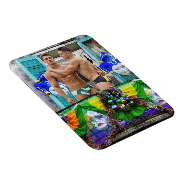 SlipperyJoe's festive Mardi Gras scene two men wea Magnet (Right Side)