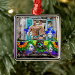 SlipperyJoe's festive Mardi Gras scene two men wea Metal Ornament