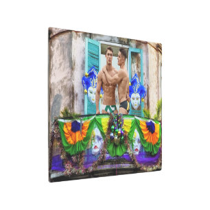 SlipperyJoe's festive Mardi Gras scene two men wea Metal Print