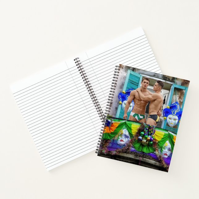 SlipperyJoe's festive Mardi Gras scene two men wea Notebook (Inside)