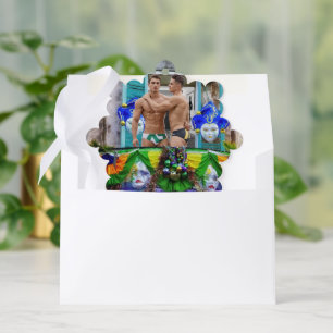 SlipperyJoe's festive Mardi Gras scene two men wea Ornament Card