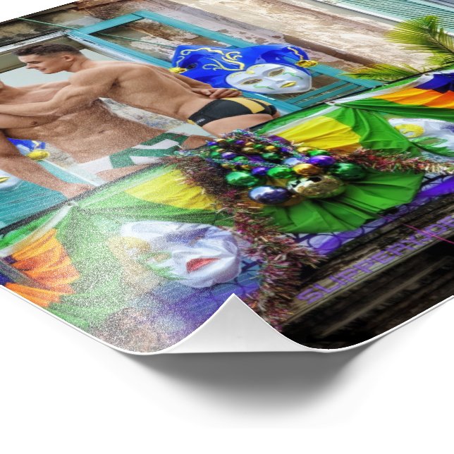 SlipperyJoe's festive Mardi Gras scene two men wea Photo Print (Corner)