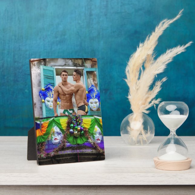 SlipperyJoe's festive Mardi Gras scene two men wea Plaque (Side)
