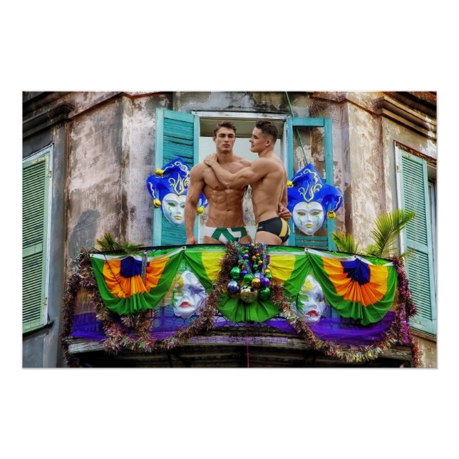 SlipperyJoe's festive Mardi Gras scene two men wea Poster (Front)