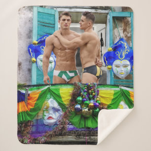 SlipperyJoe's festive Mardi Gras scene two men wea Sherpa Blanket