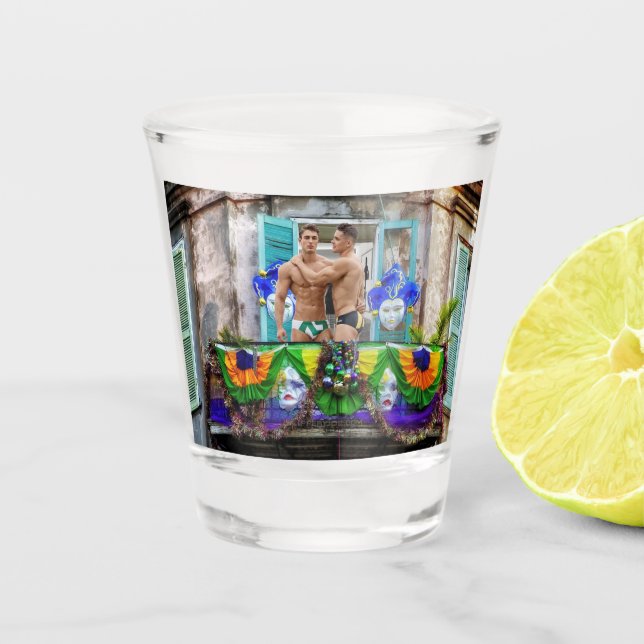 SlipperyJoe's festive Mardi Gras scene two men wea Shot Glass (Front)