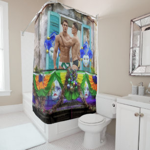 SlipperyJoe's festive Mardi Gras scene two men wea Shower Curtain