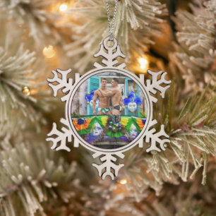 SlipperyJoe's festive Mardi Gras scene two men wea Snowflake Pewter Christmas Ornament