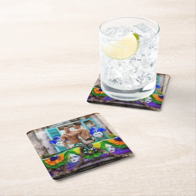 SlipperyJoe's festive Mardi Gras scene two men wea Square Paper Coaster (Insitu)
