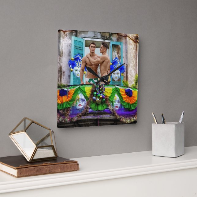 SlipperyJoe's festive Mardi Gras scene two men wea Square Wall Clock (Office)