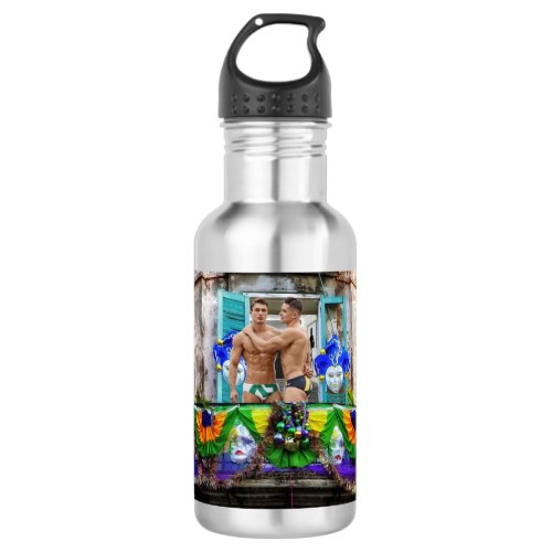 SlipperyJoe's festive Mardi Gras scene two men wea Stainless Steel Water Bottle