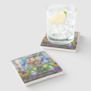 SlipperyJoe's festive Mardi Gras scene two men wea Stone Coaster
