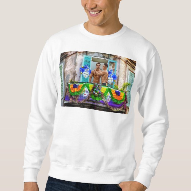 SlipperyJoe's festive Mardi Gras scene two men wea Sweatshirt (Front)
