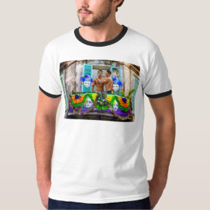 SlipperyJoe's festive Mardi Gras scene two men wea T-Shirt