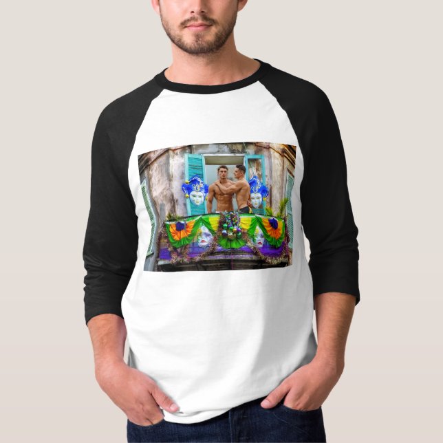 SlipperyJoe's festive Mardi Gras scene two men wea T-Shirt (Front)