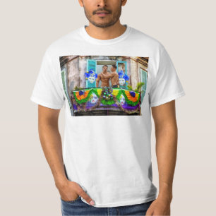 SlipperyJoe's festive Mardi Gras scene two men wea T-Shirt