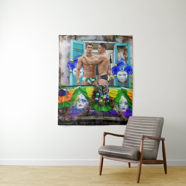 SlipperyJoe's festive Mardi Gras scene two men wea Tapestry (In Situ)