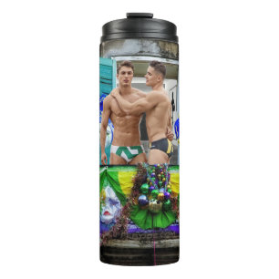 SlipperyJoe's festive Mardi Gras scene two men wea Thermal Tumbler