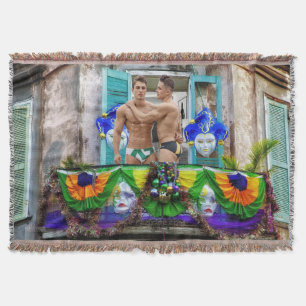 SlipperyJoe's festive Mardi Gras scene two men wea Throw Blanket