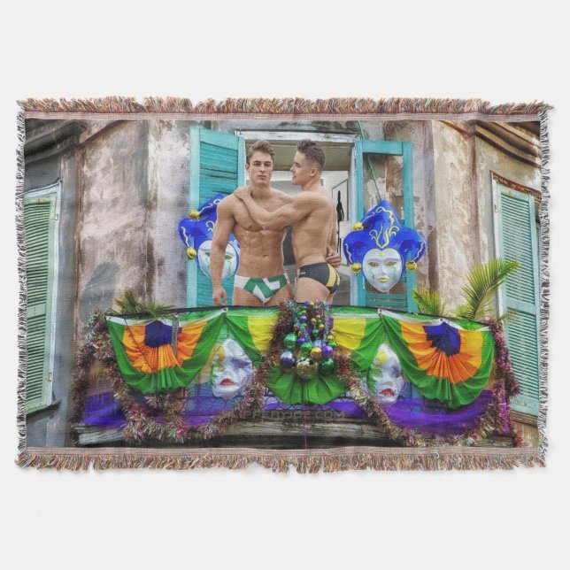 SlipperyJoe's festive Mardi Gras scene two men wea Throw Blanket (Front)