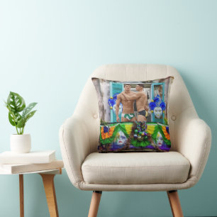 SlipperyJoe's festive Mardi Gras scene two men wea Throw Pillow