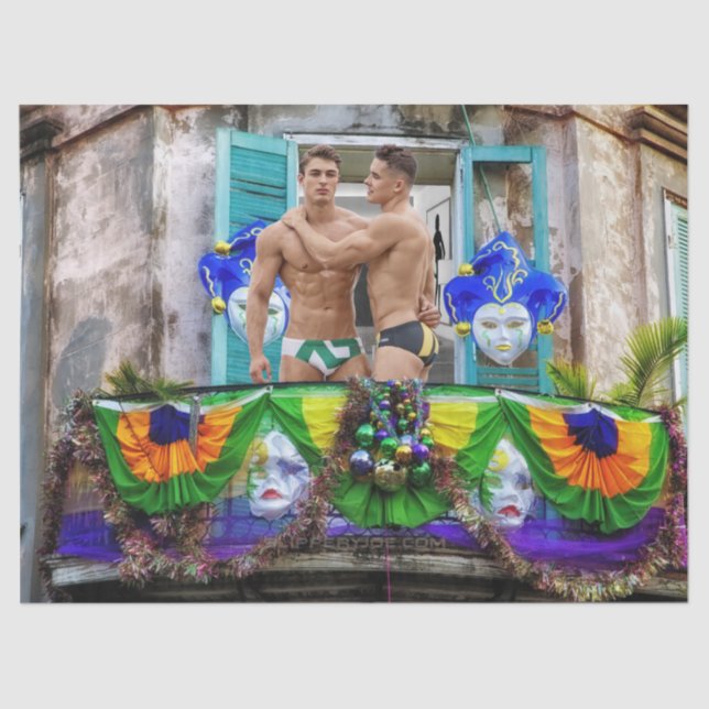 SlipperyJoe's festive Mardi Gras scene two men wea Tissue Paper (Front)