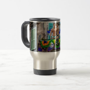 SlipperyJoe's festive Mardi Gras scene two men wea Travel Mug