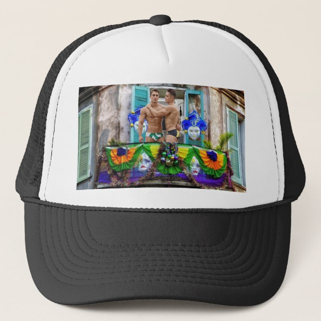 SlipperyJoe's festive Mardi Gras scene two men wea Trucker Hat (Front)