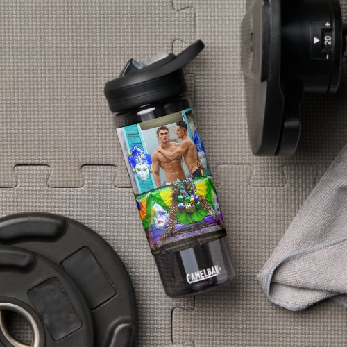 SlipperyJoe's festive Mardi Gras scene two men wea Water Bottle