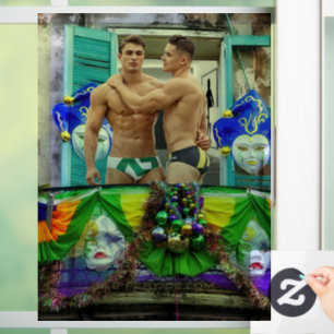 SlipperyJoe's festive Mardi Gras scene two men wea Window Cling