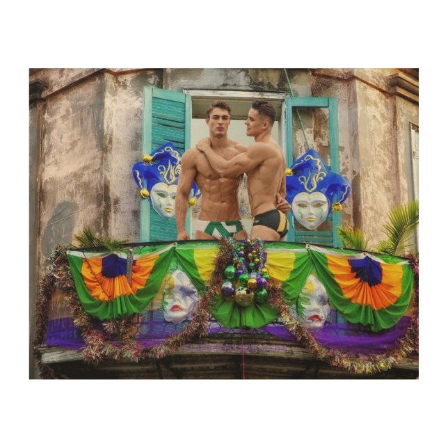 SlipperyJoe's festive Mardi Gras scene two men wea Wood Wall Art (Front)