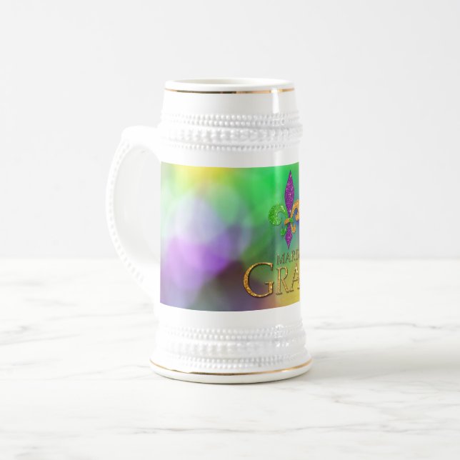 SlipperyJoe's festive Mardi Gras themed purple gre Beer Stein (Front Left)