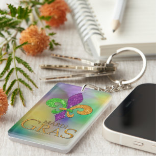 SlipperyJoe's festive Mardi Gras themed purple gre Keychain