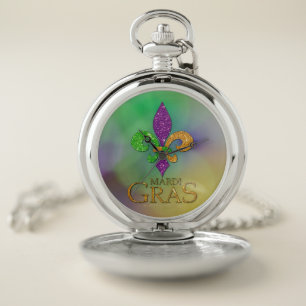 SlipperyJoe's festive Mardi Gras themed purple gre Pocket Watch