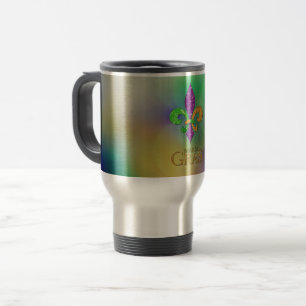 SlipperyJoe's festive Mardi Gras themed purple gre Travel Mug