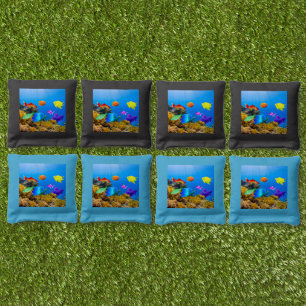 SlipperyJoe's Fish Pride tropical green blue purpl Cornhole Bags