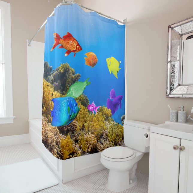 SlipperyJoe's Fish Pride tropical green blue purpl Shower Curtain (In Situ)