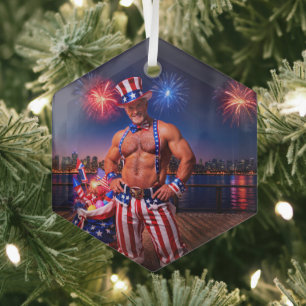 SlipperyJoe's Fourth of July celebration bare hair Glass Ornament