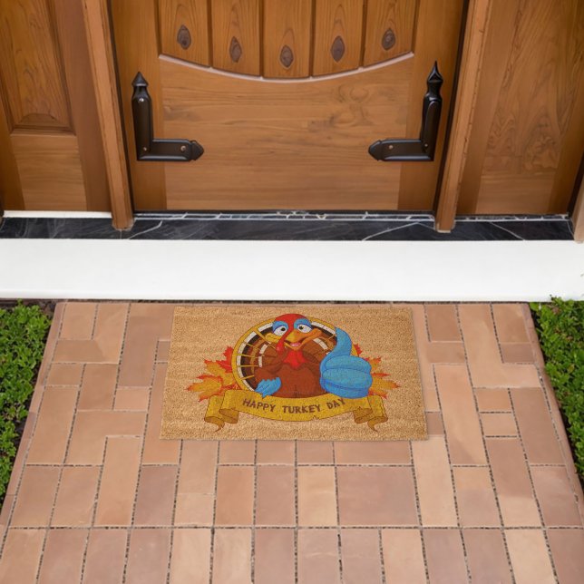 SlipperyJoe's fun cartoon-style Thanksgiving desig Fiber Doormat (Insitu (Outdoor))